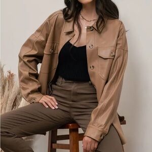 Women’s Tan Faux Leather Shacket - Sophisticated Lightweight Topper